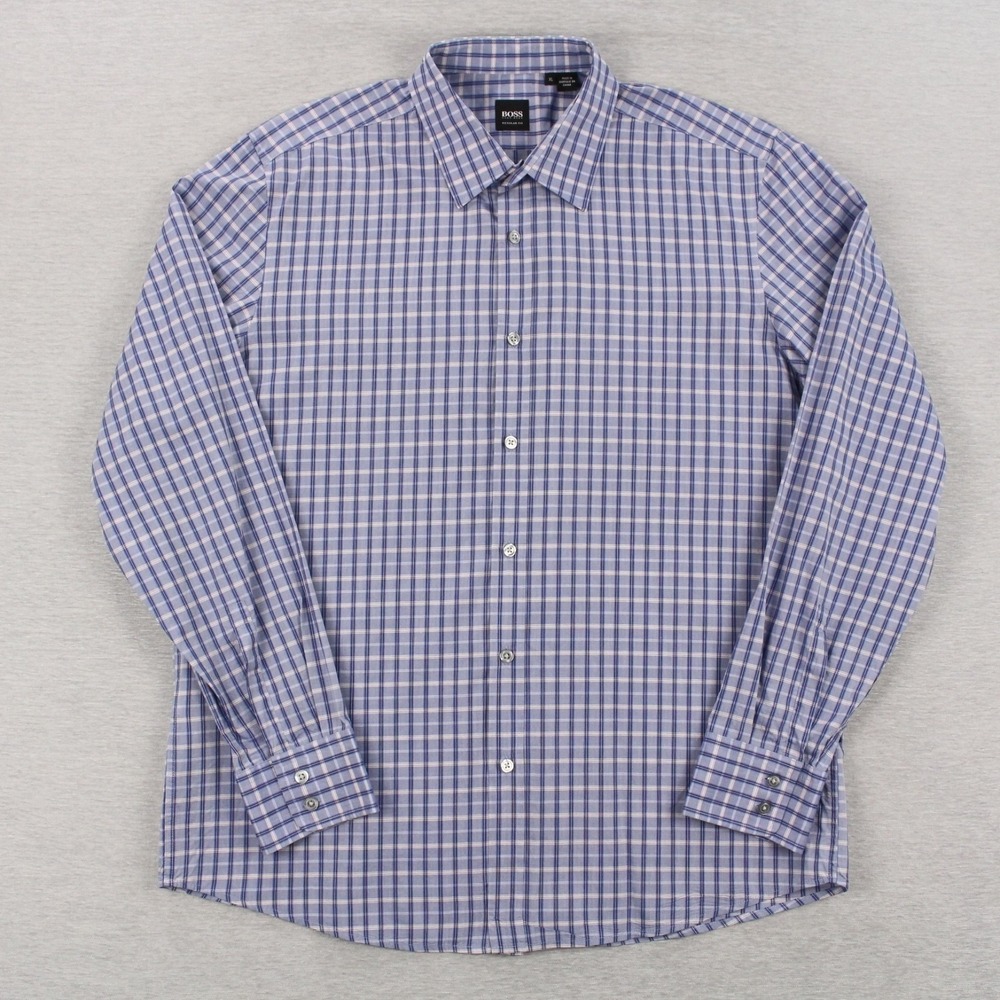 Boss Shirt Mens Size XL Blue Plaid Regular Fit Long Sleeve Button Up Cotton
